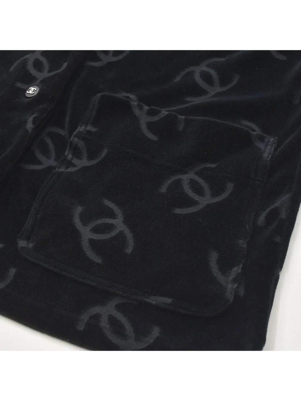 Chanel Jacket Cardigan Vintage CC Logo Coco Buttons Velour Black Silver 40